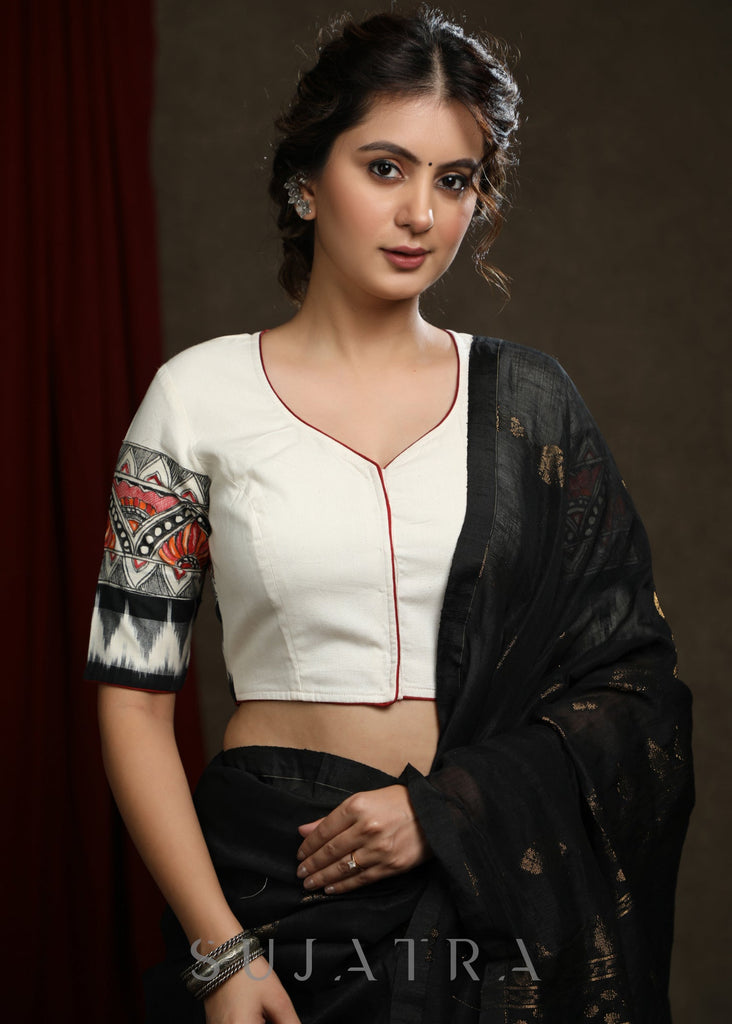 Madhubani Painting Ikkat Combination Off White Cotton Blouse