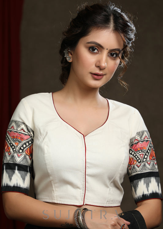Madhubani Painting Ikkat Combination Off White Cotton Blouse