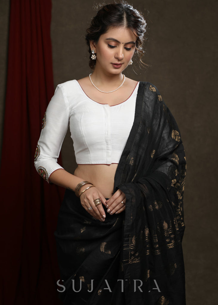 White Cotton Silk Kutch Embroiderd Patch Work Blouse