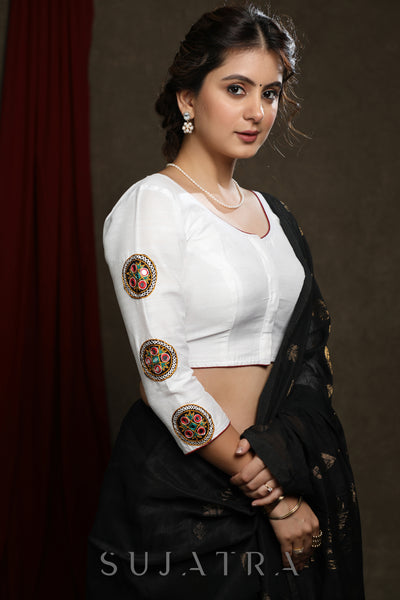 White Cotton Silk Kutch Embroiderd Patch Work Blouse