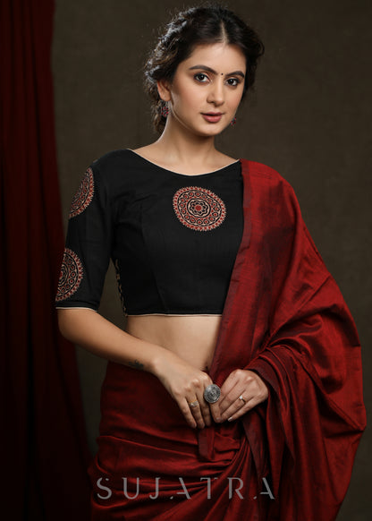 Black Ajrakh Combination Patch Work Cotton Blouse - Plain Saree Optional