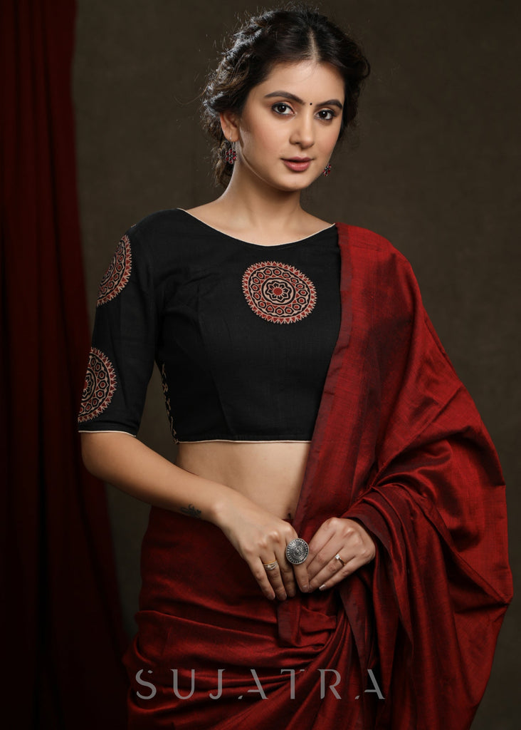 Black Ajrakh Combination Patch Work Cotton Blouse - Plain Saree Optional