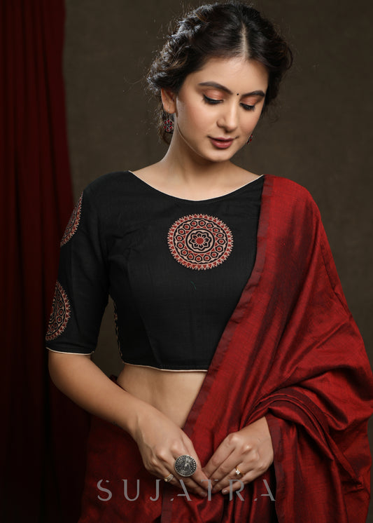 Black Ajrakh Combination Patch Work Cotton Blouse - Plain Saree Optional