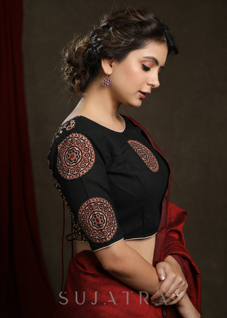 Black Ajrakh Combination Patch Work Cotton Blouse - Plain Saree Optional