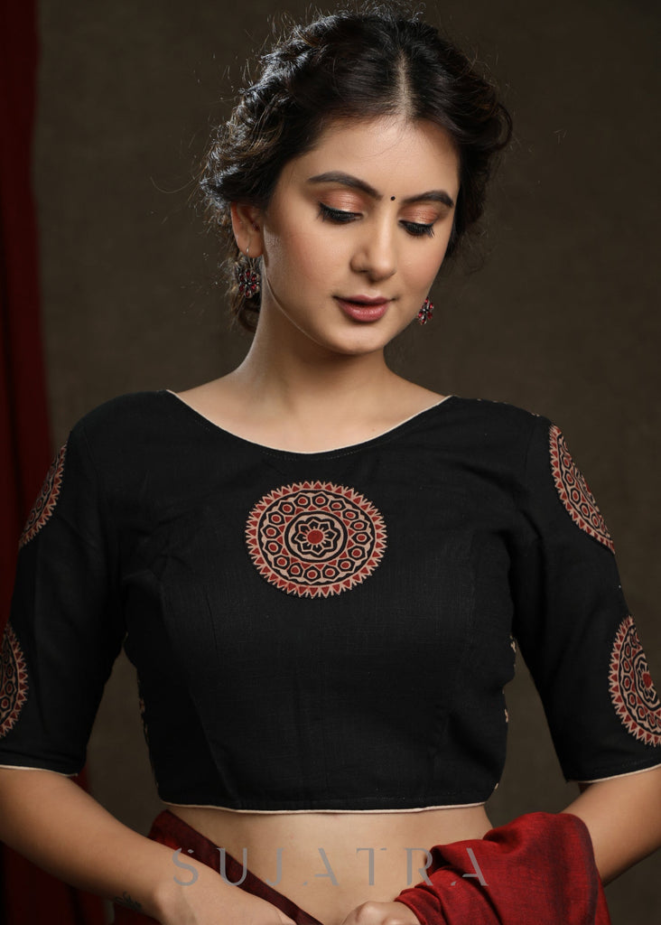 Black Ajrakh Combination Patch Work Cotton Blouse - Plain Saree Optional