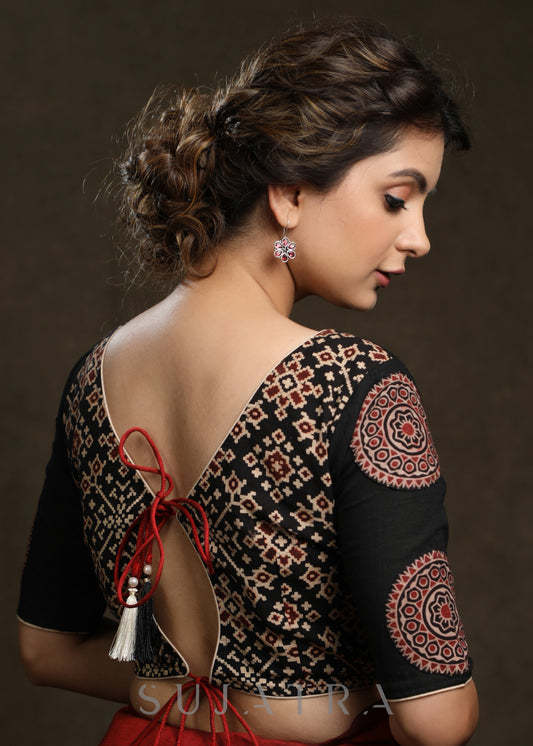 Black Ajrakh Combination Patch Work Cotton Blouse - Plain Saree Optional