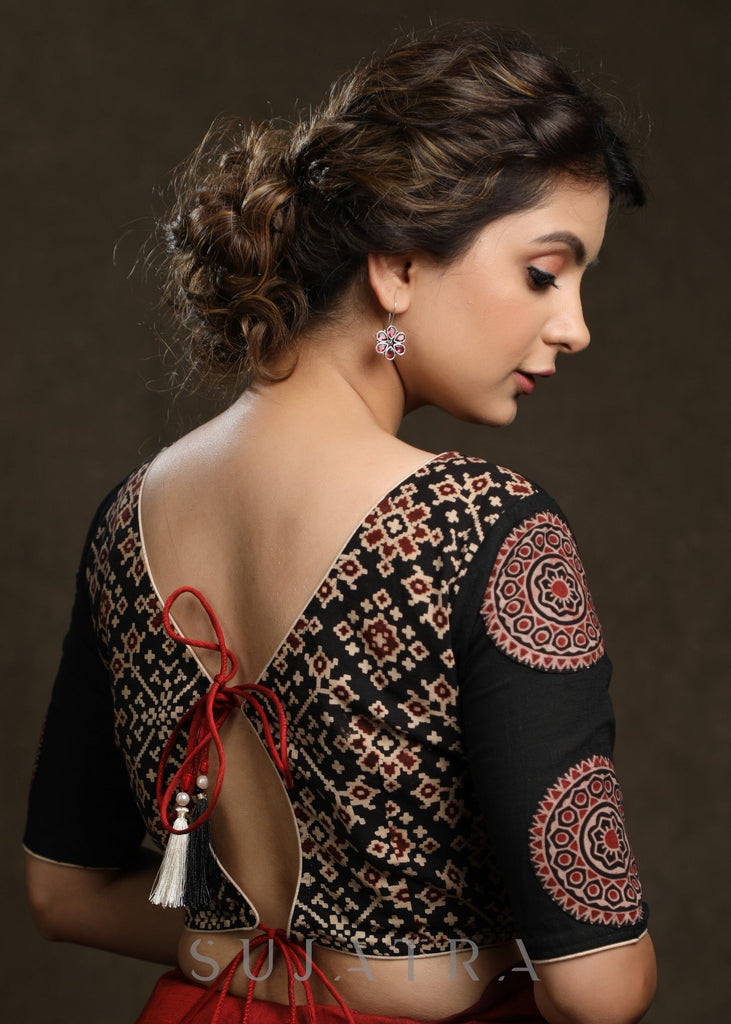 Black Ajrakh Combination Patch Work Cotton Blouse - Plain Saree Optional