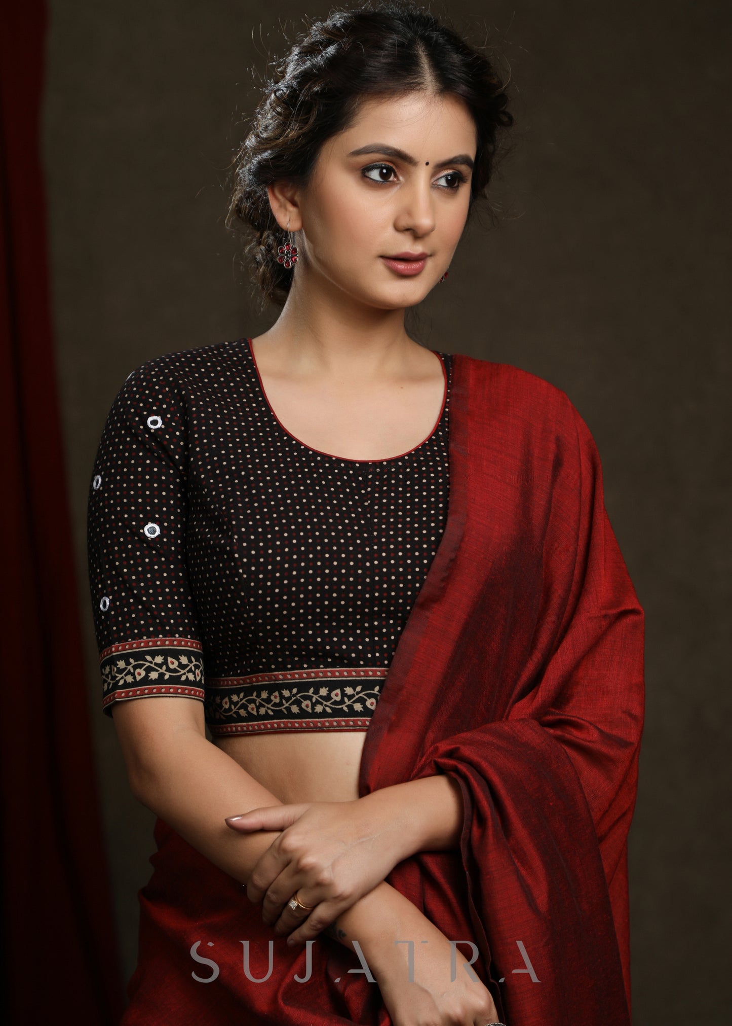 Hand Mirror Embroidered Black Ajrak Combination Blouse - Plain Saree Optional