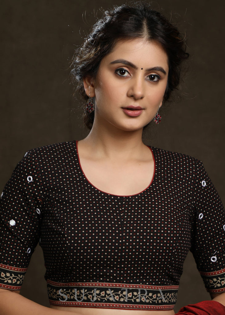 Hand Mirror Embroidered Black Ajrak Combination Blouse - Plain Saree Optional