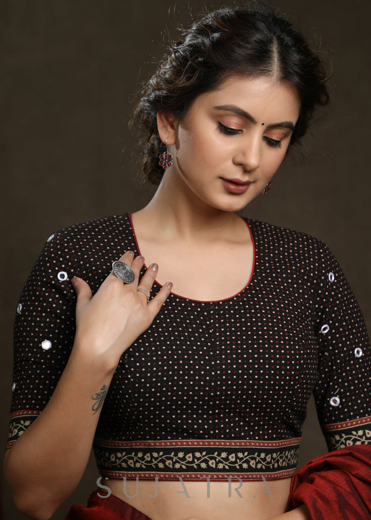 Hand Mirror Embroidered Black Ajrak Combination Blouse - Plain Saree Optional
