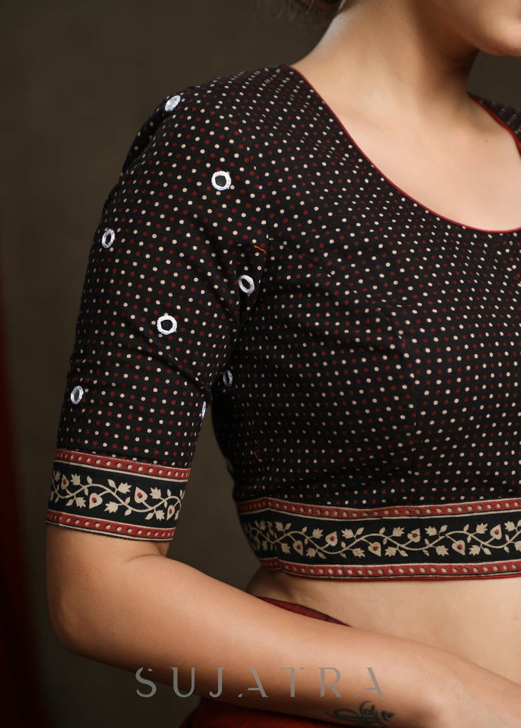 Hand Mirror Embroidered Black Ajrak Combination Blouse - Plain Saree Optional