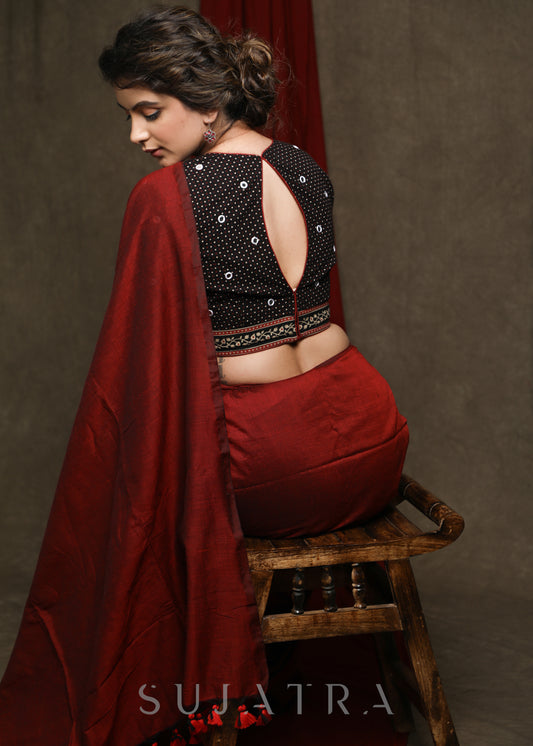 Hand Mirror Embroidered Black Ajrak Combination Blouse - Plain Saree Optional