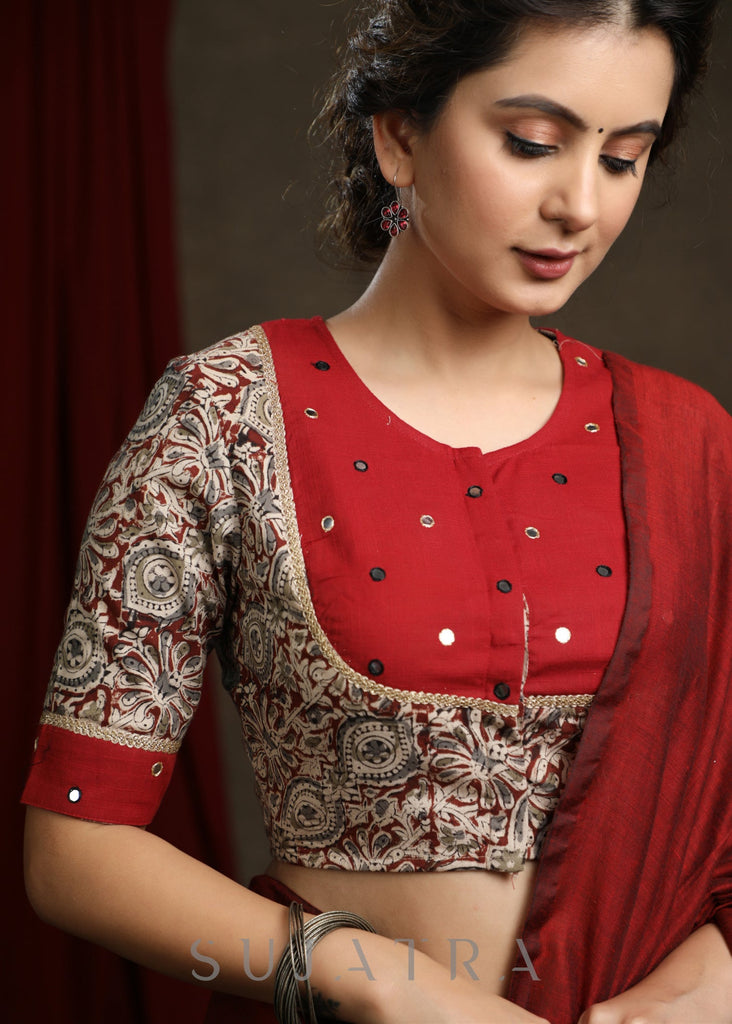 Hand Mirror Work Cotton Kalamkari Blouse