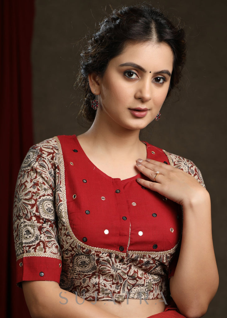 Hand Mirror Work Cotton Kalamkari Blouse