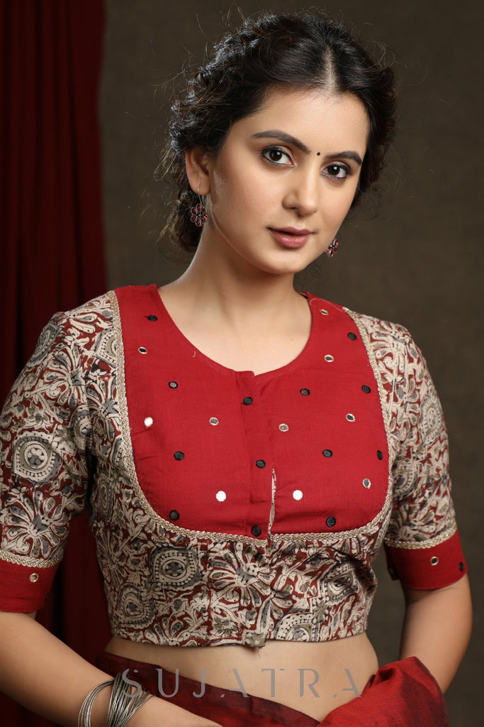 Hand Mirror Work Cotton Kalamkari Blouse