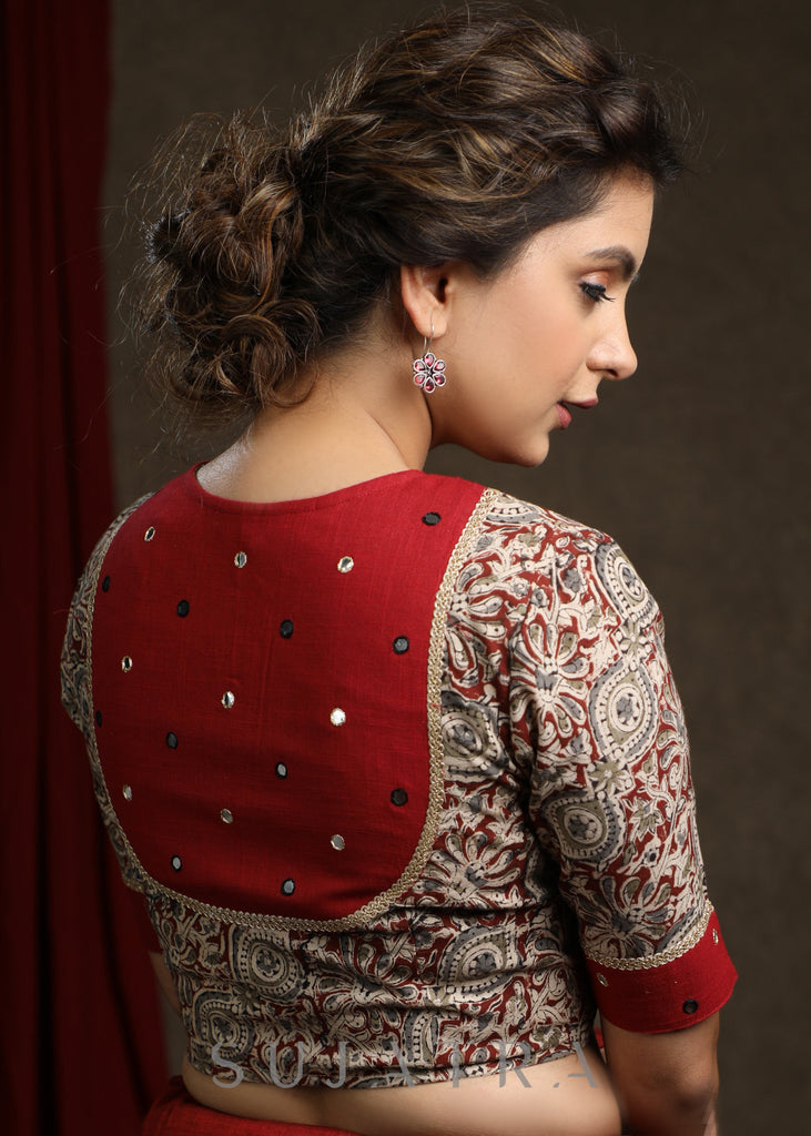 Hand Mirror Work Cotton Kalamkari Blouse