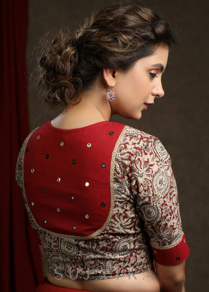 Hand Mirror Work Cotton Kalamkari Blouse