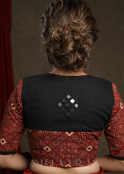 Trendy Black Cotton Ajrakh Combination Mirror Work Blouse - Plain Saree Optional