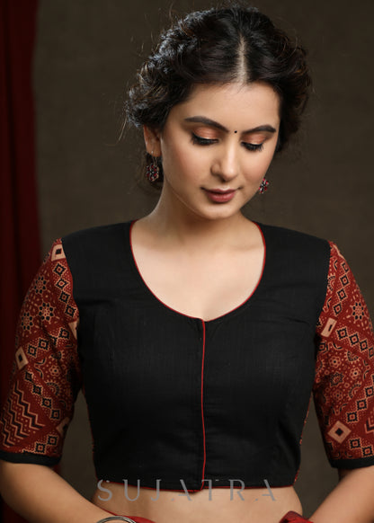 Trendy Black Cotton Ajrakh Combination Mirror Work Blouse - Plain Saree Optional