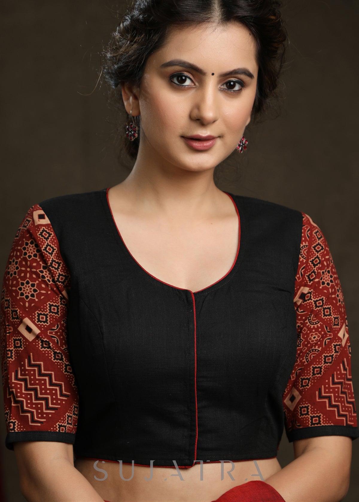 Dussehra Sale — Trendy Black Cotton Ajrakh Combination Mirror Work Blouse - Plain Saree Optional