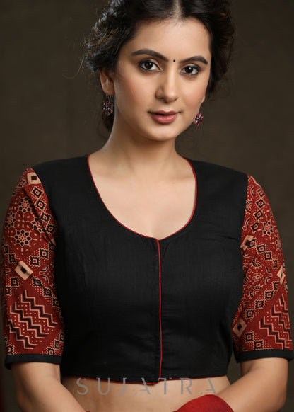 Trendy Black Cotton Ajrakh Combination Mirror Work Blouse - Plain Saree Optional