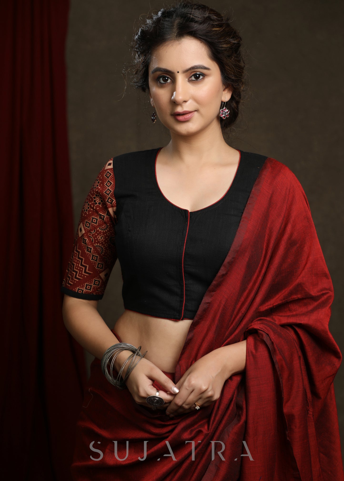Trendy Black Cotton Ajrakh Combination Mirror Work Blouse - Plain Saree Optional