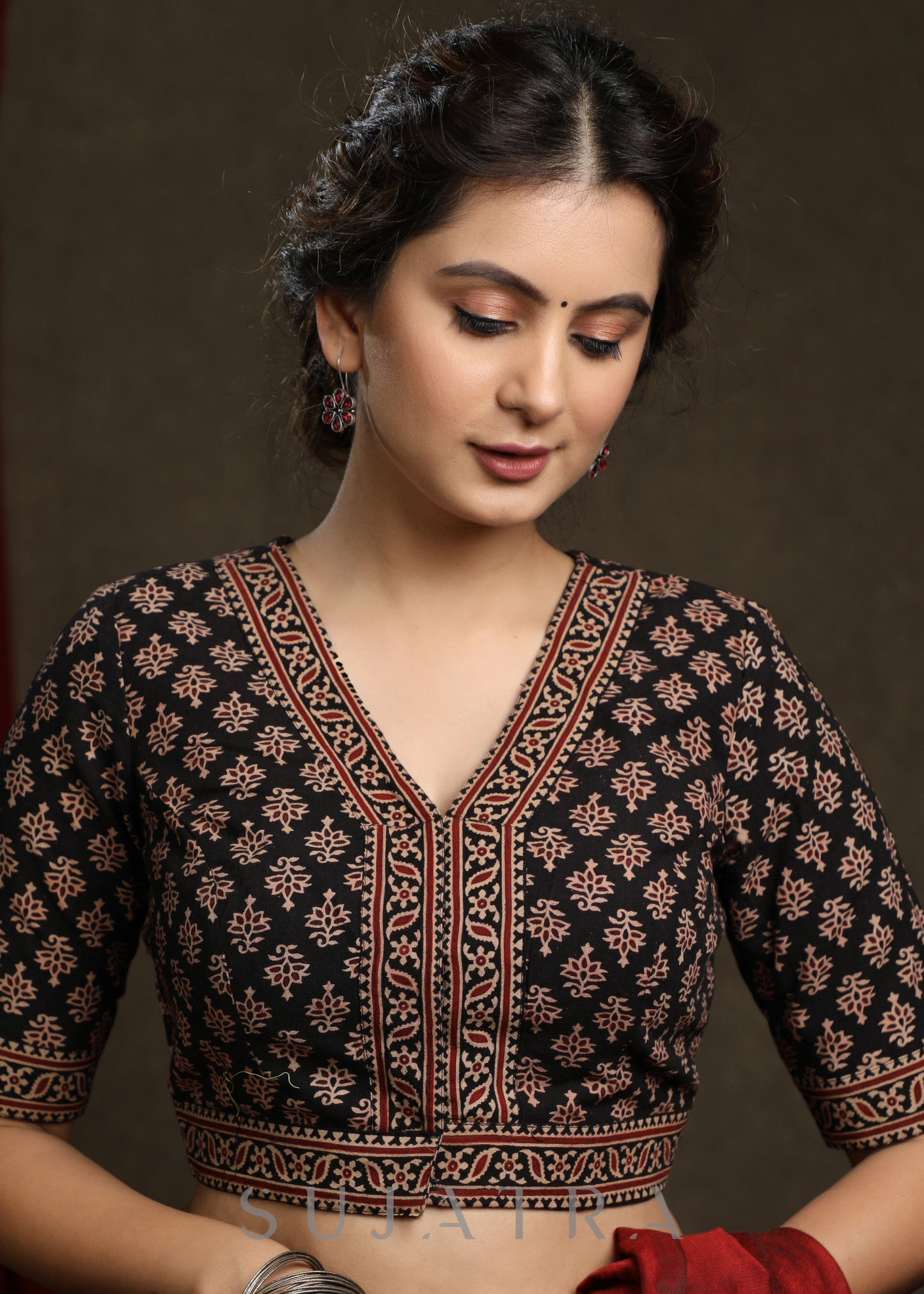 Elegant Black Cotton Ajrak Combination Blouse