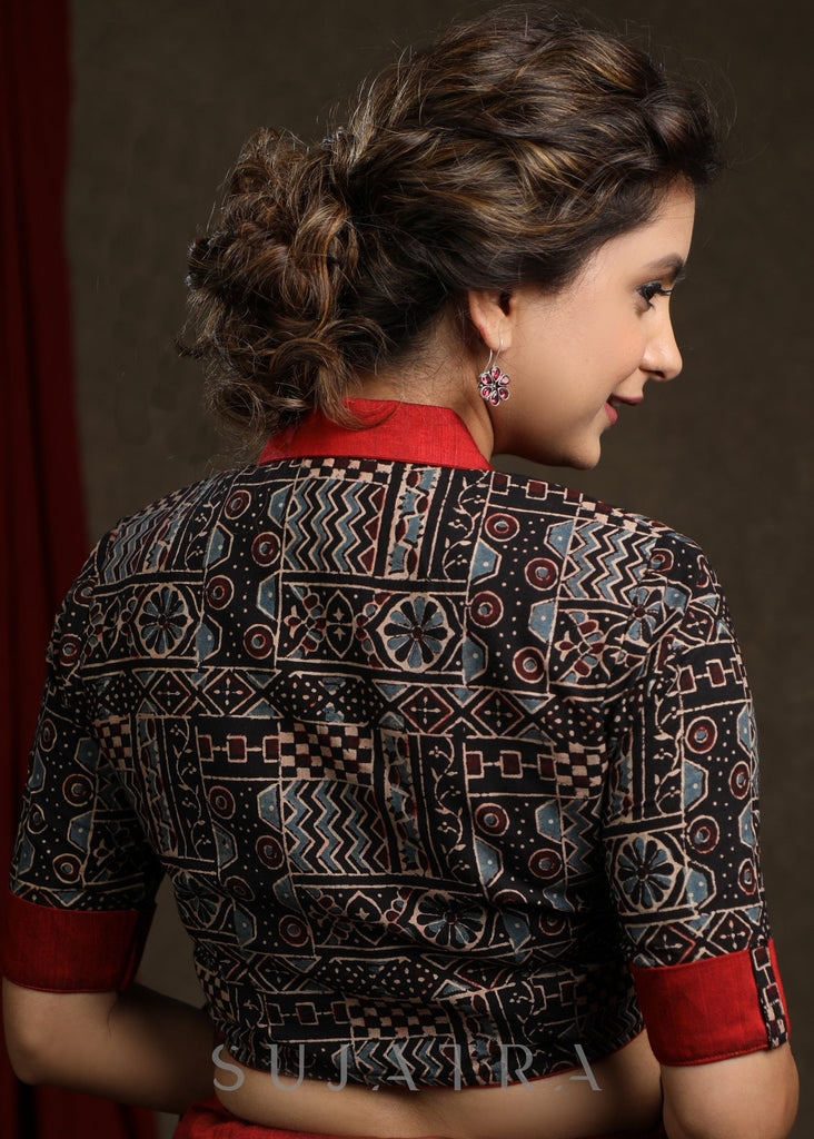 Black Cotton Ajrak Blouse with Maroon Jacket Collar