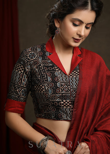 Black Cotton Ajrak Blouse with Maroon Jacket Collar
