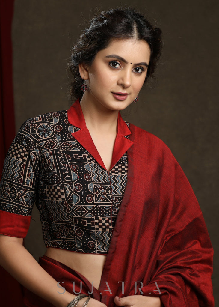Black Cotton Ajrak Blouse with Maroon Jacket Collar