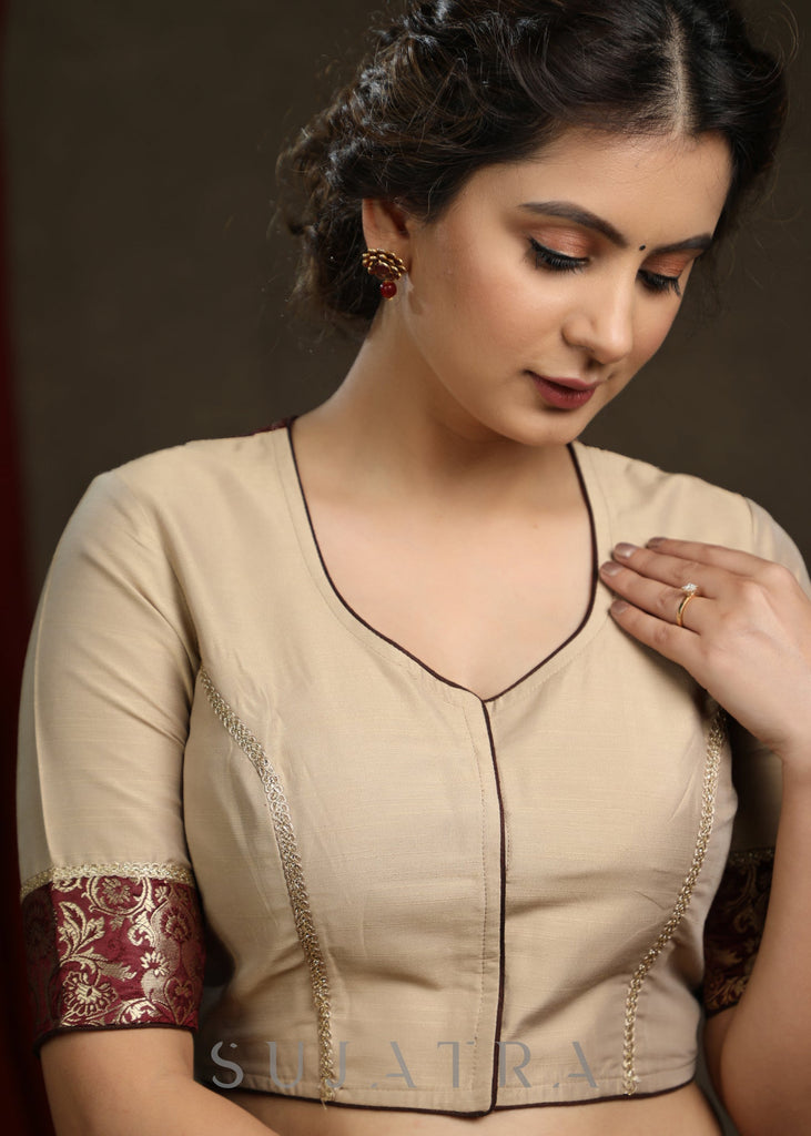 Beautiful Beige Cotton Silk Brocade Combination Blouse - Optional Plain Saree