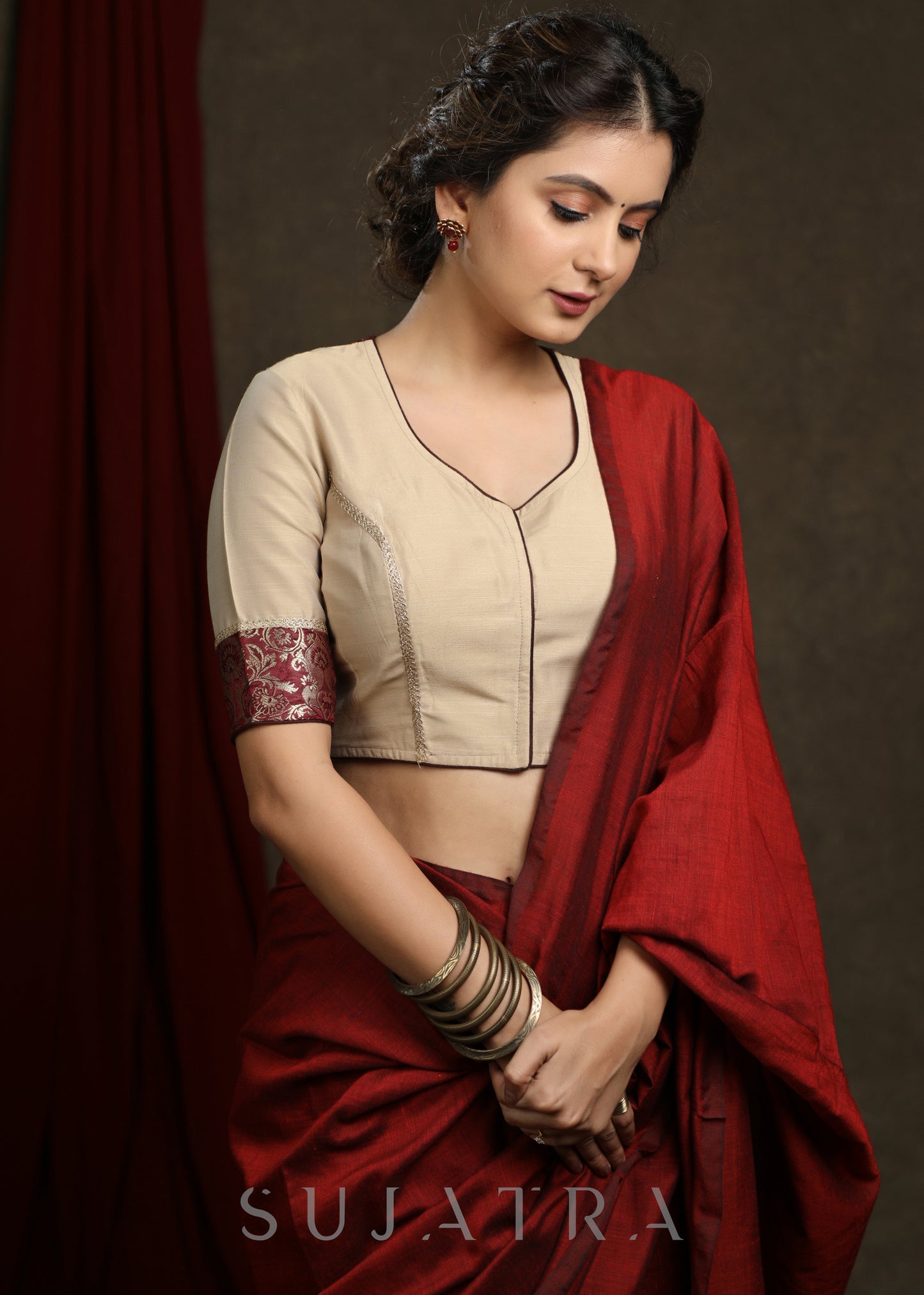 Beautiful Beige Cotton Silk Brocade Combination Blouse - Optional Plain Saree