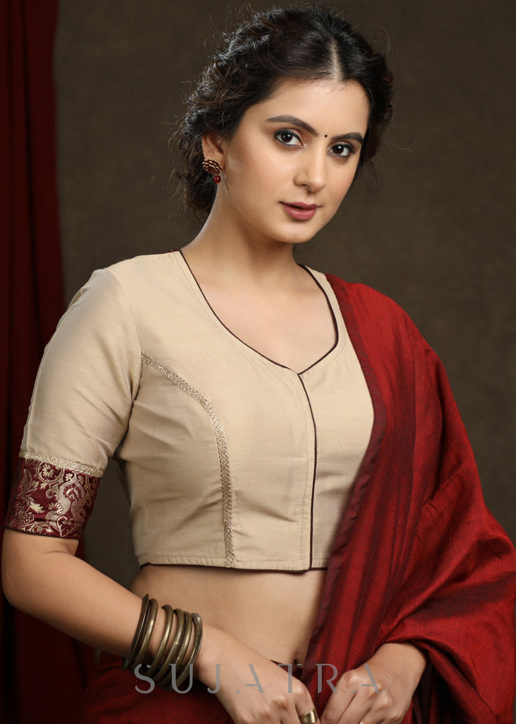 Beautiful Beige Cotton Silk Brocade Combination Blouse - Optional Plain Saree