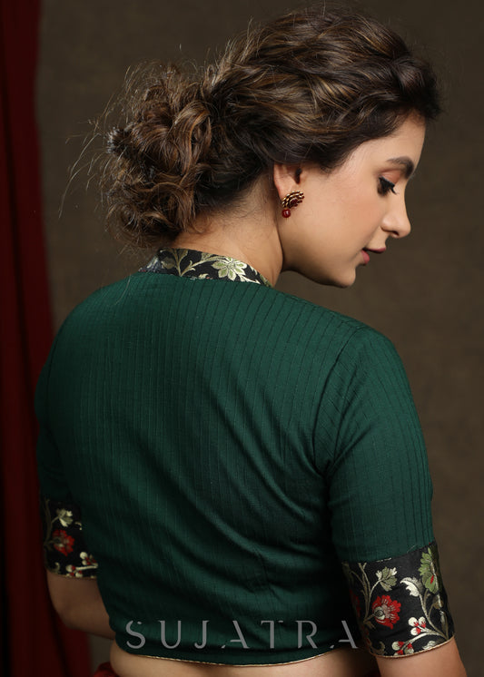 Dark Green Cotton Blend Brocade Combination Blouse - Plain Saree Optional