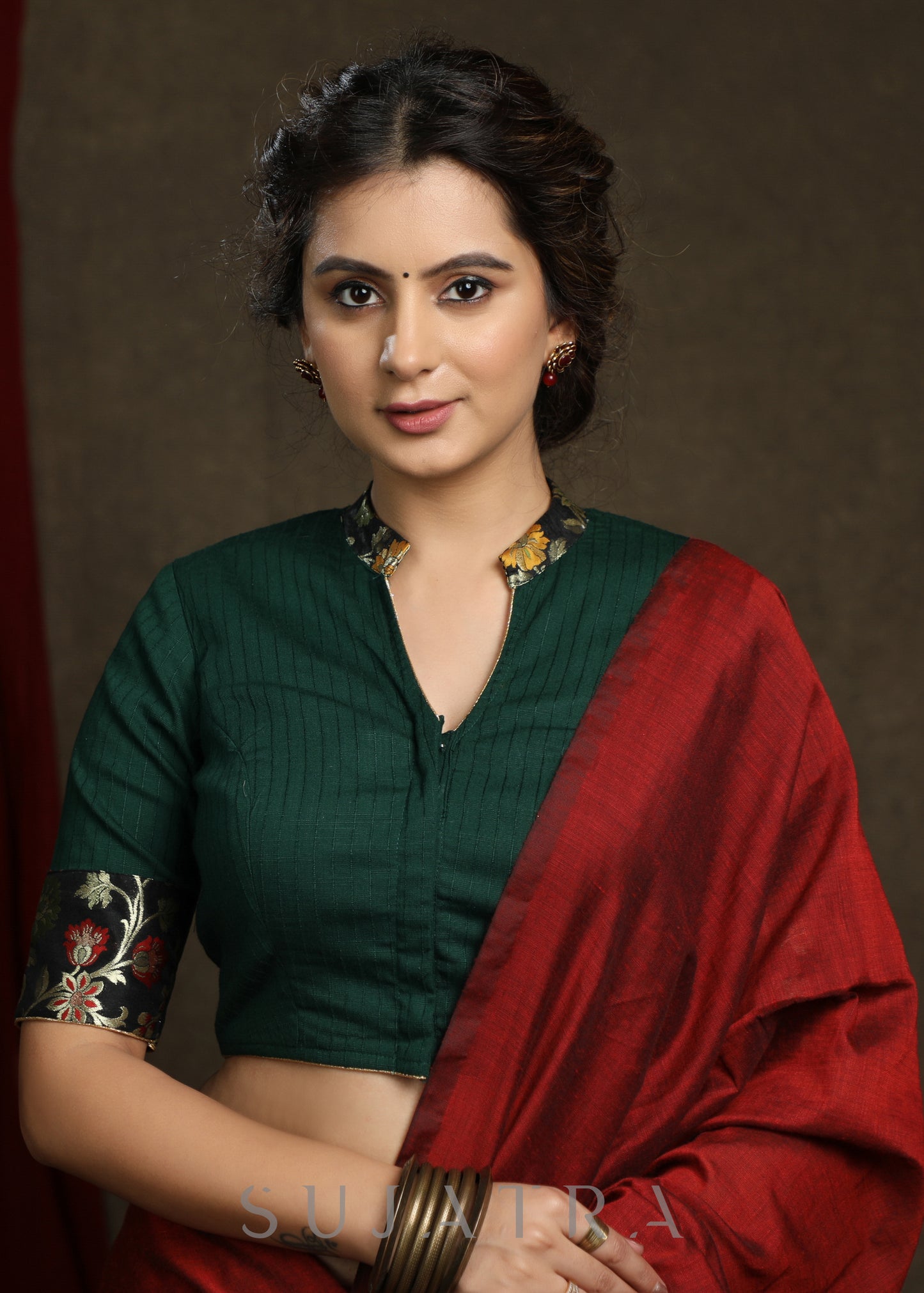 Dark Green Cotton Blend Brocade Combination Blouse - Plain Saree Optional