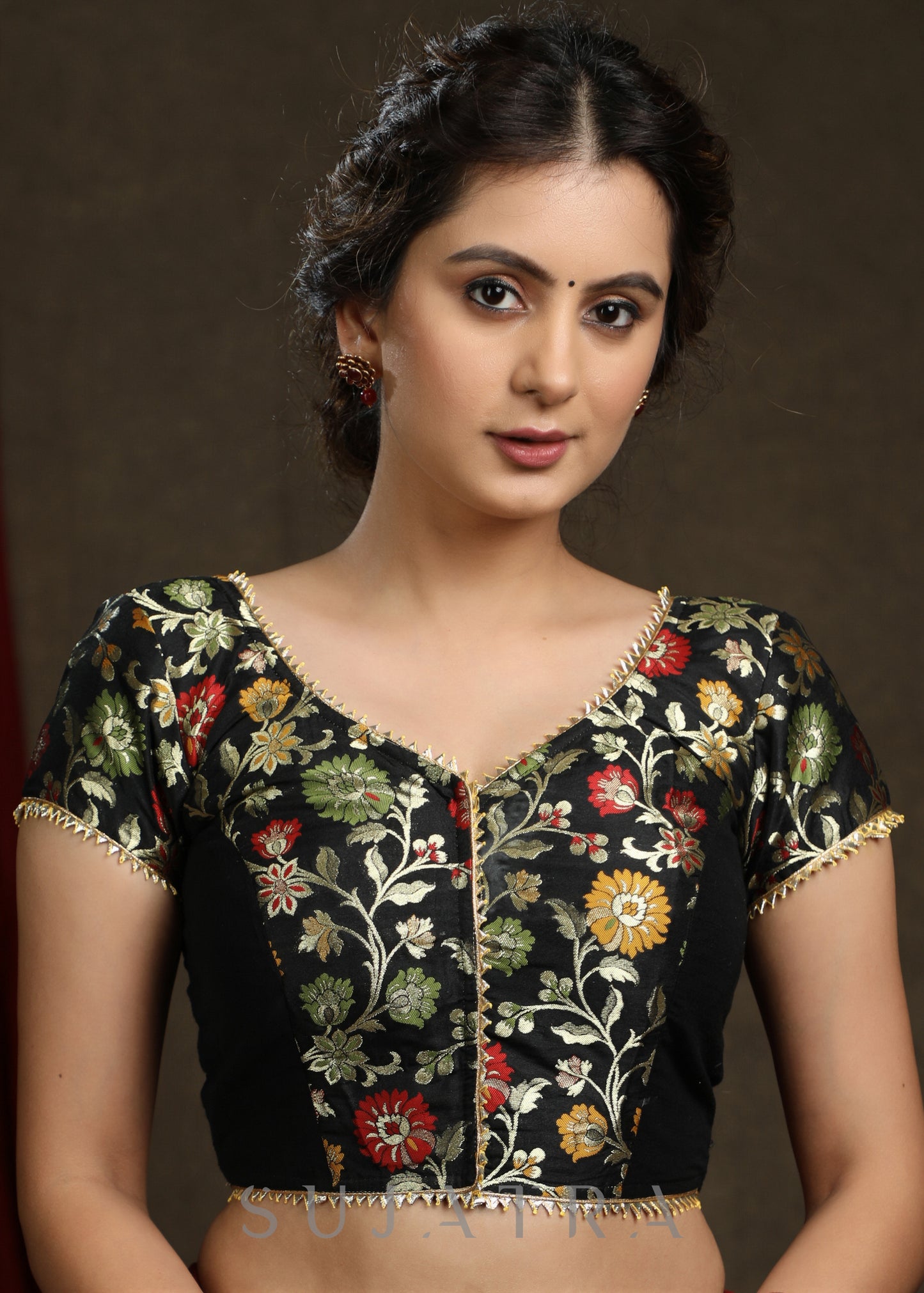 Beautifully Designed Black Brocade & Cotton Silk Combination Blouse