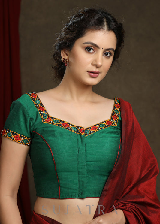 Beautiful Forest Green Kutch Mirror work Cap Sleeve Blouse