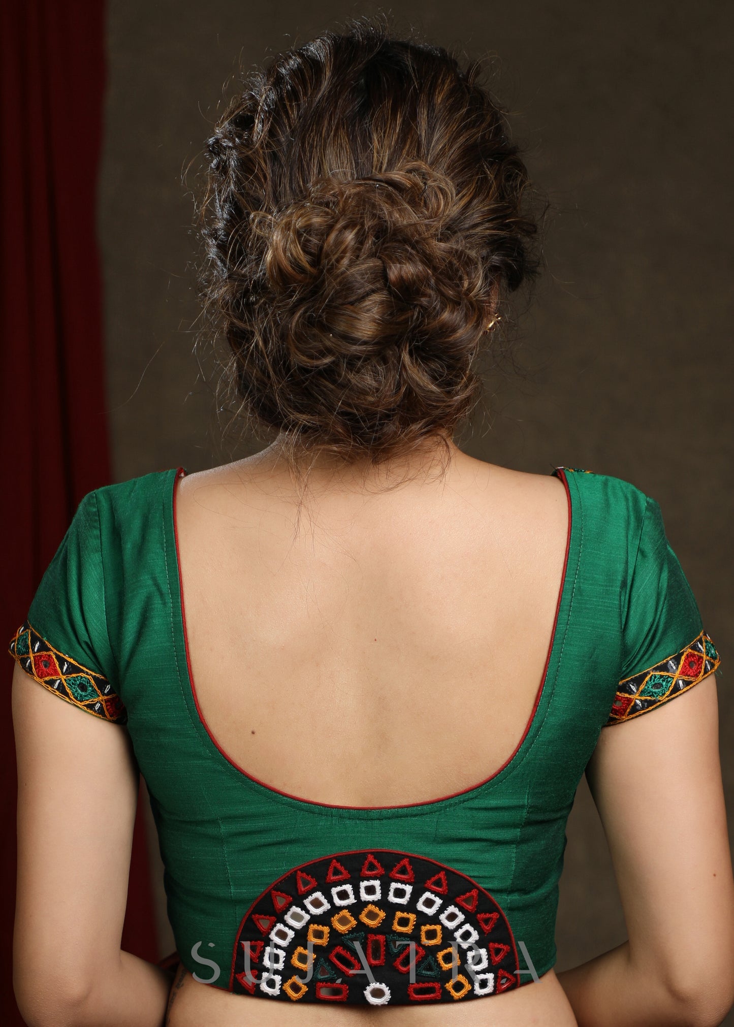 Beautiful Forest Green Kutch Mirror work Cap Sleeve Blouse