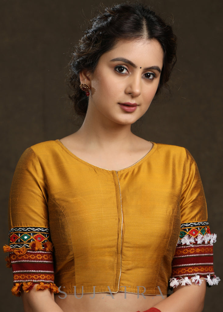 Mustard Cotton Silk Blouse with Kutch Lace and Mirror Combination