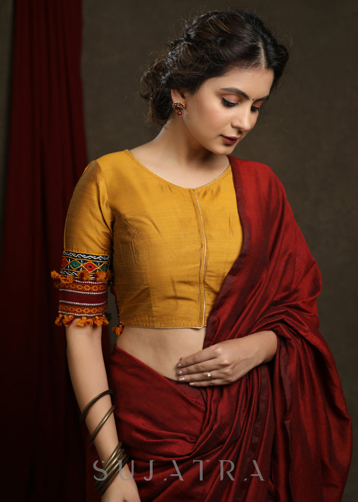 Mustard Cotton Silk Blouse with Kutch Lace and Mirror Combination