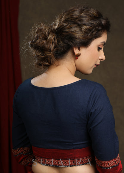 Classy Navy Blue Cotton Ajrak Combination Blouse