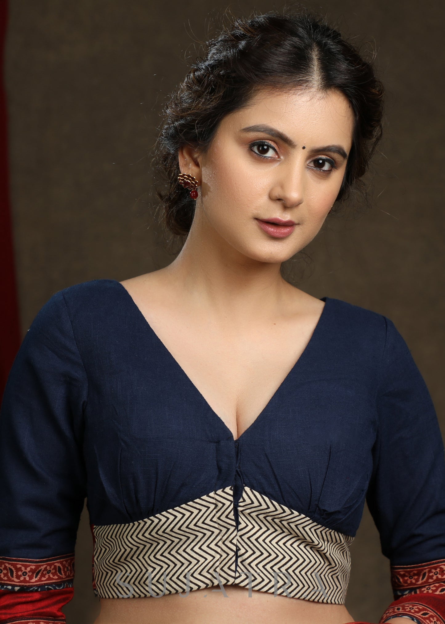 Classy Navy Blue Cotton Ajrak Combination Blouse