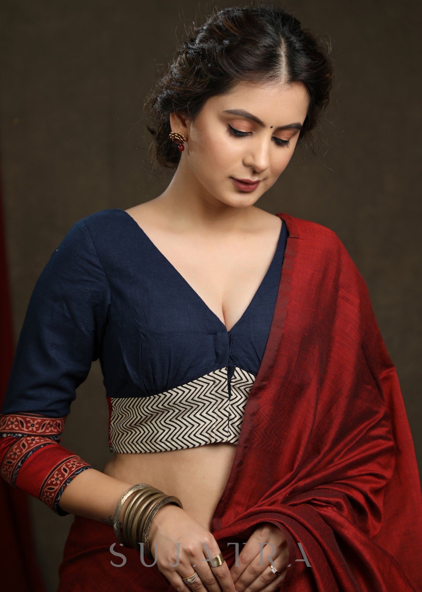 Classy Navy Blue Cotton Ajrak Combination Blouse