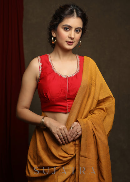 Red Cotton Silk Lace Highlight Sleeveless Cotton Silk Blouse