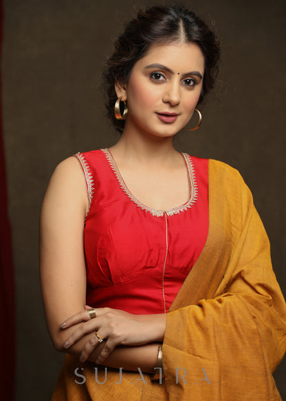 Red Cotton Silk Lace Highlight Sleeveless Cotton Silk Blouse