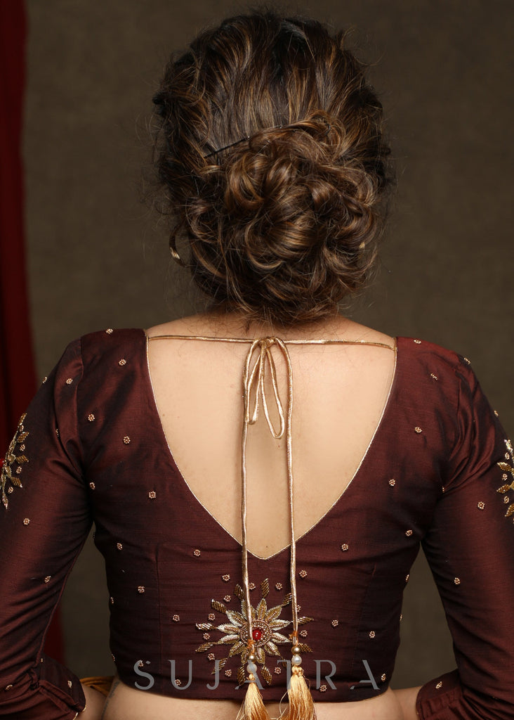 Beautifully Hand Embroidered Coffee Brown Occasion Wear Cotton Silk Blouse - Optional Plain Saree