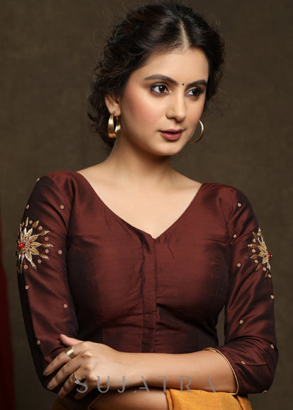 Beautifully Hand Embroidered Coffee Brown Occasion Wear Cotton Silk Blouse - Optional Plain Saree