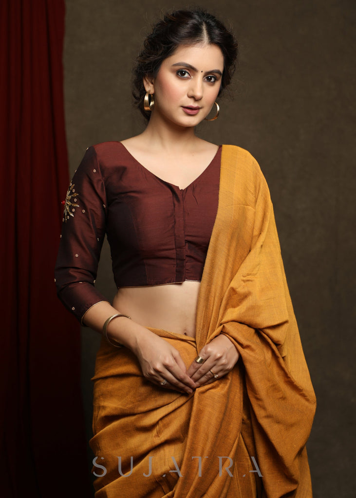 Beautifully Hand Embroidered Coffee Brown Occasion Wear Cotton Silk Blouse - Optional Plain Saree