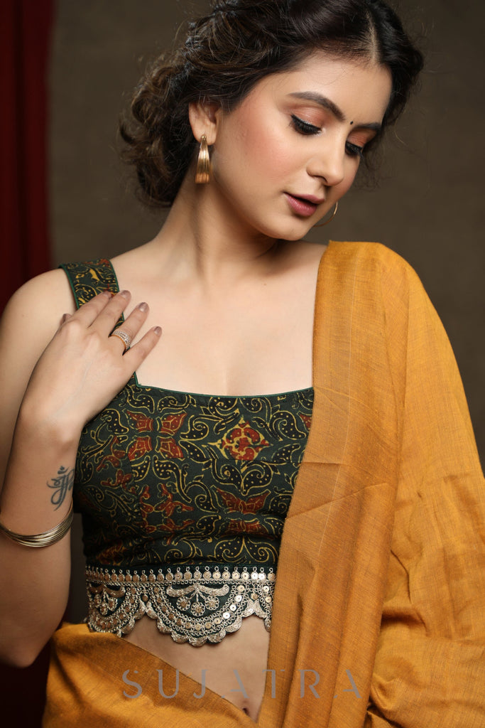 Green Sleeveless Cotton Ajrak Blouse with lace Detailing