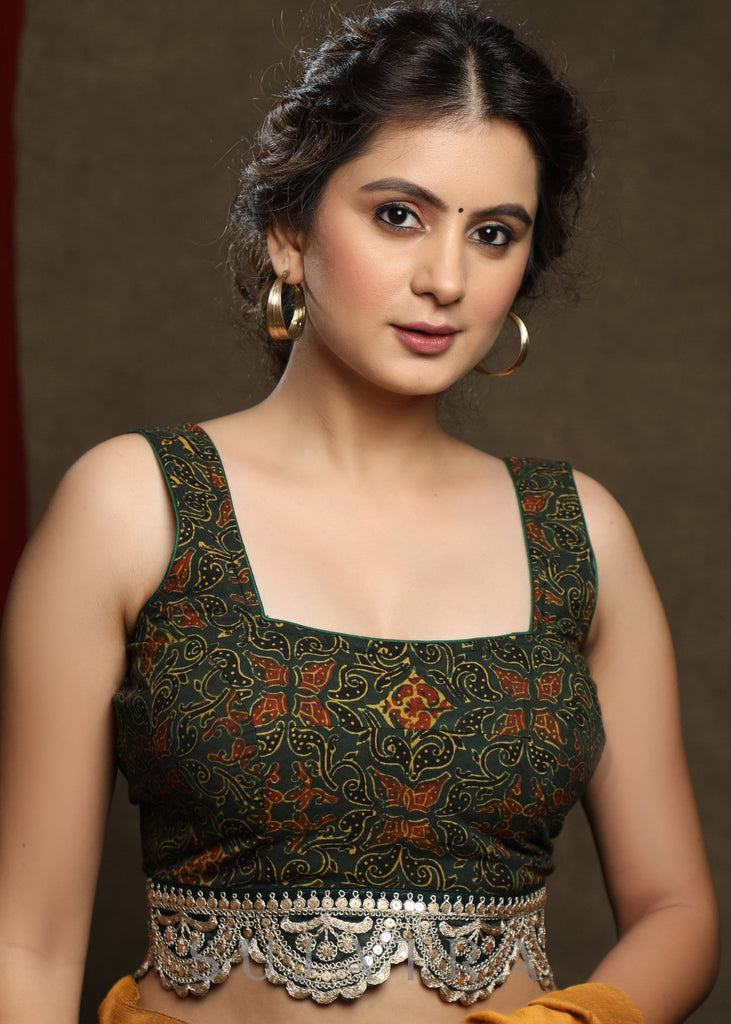 Green Sleeveless Cotton Ajrak Blouse with lace Detailing